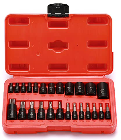 Mayouko 25PCS 1/4,3/8,1/2 Drive Torx Bit and External Socket Set,12 Female E-Torx Sockets and 13 Star Socket Bits