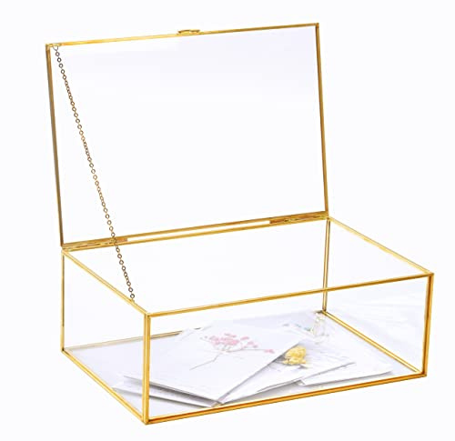 Levilan Large Golden Vintage Lidded Glass Box, Edge Bracelet Decorative Jewelry Display Box, Rings Bracelet Organizer Home Decor(10.8x7x3.9 inch)