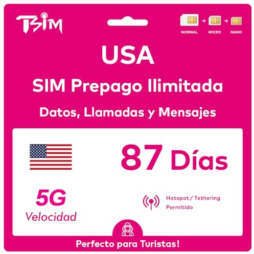 Scheda SIM USA valida per 87 giorni. Rete T-Mobile con dati illimitati ad alta velocità su 5G/4G/LTE | Chiamate e SMS locali illimitati negli Stati Uniti (inclusa Hawaii). Scheda SIM 5G!