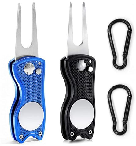 Kiuiom Golf Reparatur Pitchgabel,Golf Pitchgabel,Switchblade,Golf Zubehör,Pitchgabel Golf,2PC Klappbare Pitch Gabel mit Karabiner zum Ausbessern von Divot's auf Dem für Golf Club-Sport(Schwarz,Blau)