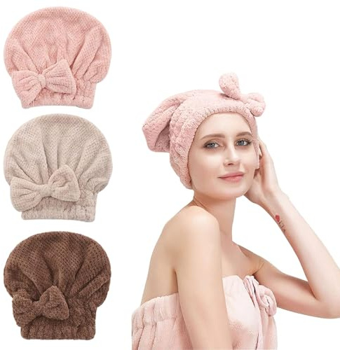 KAYEF 3 Pièces Bonnet Cheveux Sec, Bonnet Serviette Cheveux, Bonnet de Bain Microfibre Serviette Douce Serviette de Bain Foulard pour Femmes Filles Douche Bain Maquillage