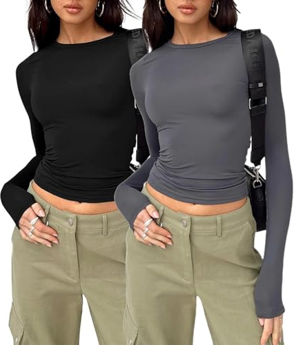 Flintronic 2-PCS Women's Scoop Neck Long Sleeve, Slim Fitted T-Shirt/Blouse - Aesthetic Streetwear in Black, Grey/S
