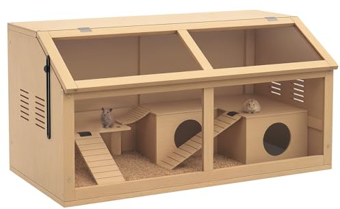 PawHut Gabbia per Criceti Apribile con Piattaforma, Scalette, Capanna e Ponte, Gabbia per Roditori in Legno di Abete, 85x45x44 cm, color Legno
