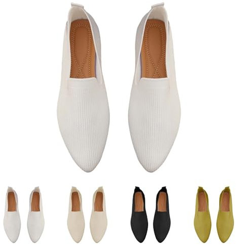 Womens Pointed Toe Ballet Flats UK Size 6.5 Ballerina Walking Flats Flat Shoes Knit Dress Shoes with Arch Support Comfort Slip On Flats Shoes for Ladies Pumps Shoes White