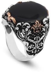 Jewellery Pit - Onyxring Siegelring – Osmanischer Gravierter Ring aus 925 Sterling Silber – Polierter Edelstein Herrenring – Handgemachter Vintage Verlobungsring inkl. Adeau Silberputztuch (56)
