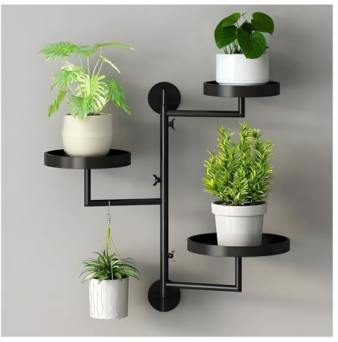 IWTTWY Plant Stands Indoor, Wall Mounted Metal Plant Stand, Modern 3-Tier Rotating Flower Pot Holder, Planter Rack Plant Shelf Holder for Balcony Living Room Bedroom