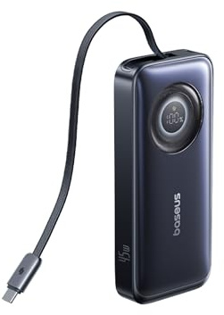 Baseus EnerCore Powerbank 10000mAh 45W med utdragbar 60 cm USB-C-kabel, maximal effekt med 1x USB-C, kompatibel med iPhone 16/15-serien, iPad, MacBook, Galaxy, AirPods