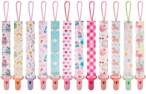 12 Pack Pacifier Clips with Strap 25.5cm - Premium Polyester Baby Pacifier Holder Set, Multi-Design Clips for Girls Boys（Multi Color B）