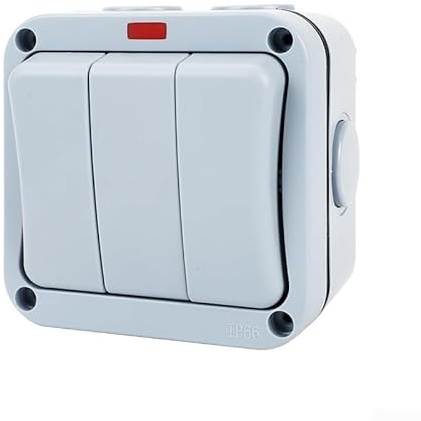 Lichtschalter für den Außenbereich, IP66, 20 A, mit LED-Anzeige, wasserdichter ABS-Kontrollschalter für Gärten und Terrassen, selbsteinstellender Schalter mit drei Geräten, Grau (Einzelsteuerung)