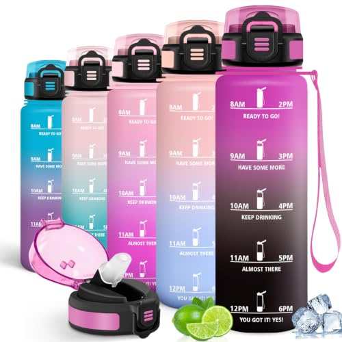 Motswedi Gourde Sport 1L, avec Paille, Bouteille d'eau avec Marqueur de Temps, Bouteille Plastique, Gourde 1 Litre, pour le Fitness, la Gym et les Sports de Plein Air, Fushia & Noir