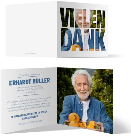 Personalisierte Foto Trauer Danksagungskarten (10 bis 100 Stück) Dankeskarten Individuell - Fotoschrift - Quadratisch 148x148mm Klappkarten