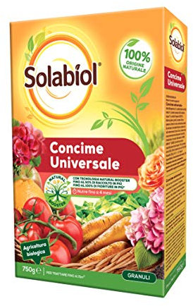 Solabiol Concime Biologico Universale con Tecnologia Natural Booster per favorire lo sviluppo dell’apparato radicale e avere fino al 50% di raccolto in più e 100% di fioriture in più. 750g