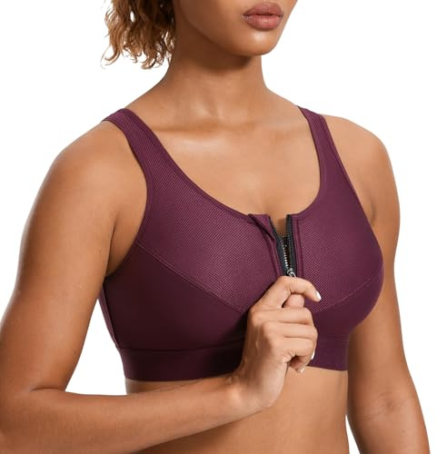 SYROKAN Soutien Gorge Femme Sport sans Armature Maintien Extreme Zippée Devant Dos Nageur Non Rembourré pour Fitness Course Jogging Rouge 110E