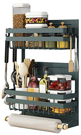 Redwestmelon Magnetic Fridge Spice Rack 3 Tier Kitchen Condiment Seasoning Storage Organizer Shelf, Refrigerator Side Rack with Paper Towel Holder and 4 Removable Mobile Hooks