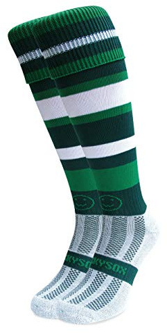 WackySox Calcetines de rugby de aro multicolor, calcetines de hockey, calcetines deportivos para hombres y mujeres, adecuados para equitación, deportes, fútbol, hockey, correr, Verde y blanco., L