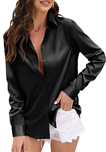 Black Blouses for Women s Satin Silk Blouse top Dressy Womens Women's Elegant Business Casual Work v Neck Long Sleeve Button up Down Dress Shirts Tunic Tops Collared Collar Formal Shirt Black Size S