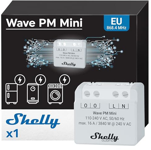 Shelly Wave PM Mini - WLAN Smarter Stromzähler, 1 Kanal, 16A, kein Relaisschalter, Leistungsmessung, Echtzeit-Energiezähler, Z-wave Hub Erforderlich, SmartStart, Hausautomation