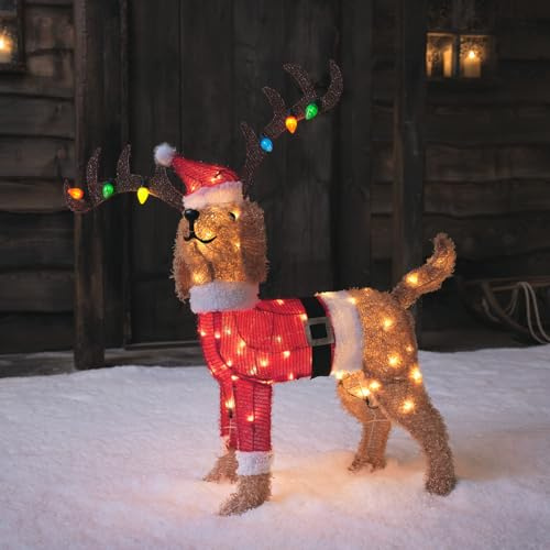 Lights4fun 80cm LED Hund Mit Geweih Figur Innen und Außen - Weihnachtsfigur, Weihnachtsdeko, Weihnachtsbeleuchtung Außen