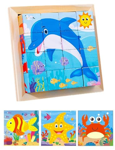 Rompecabezas de cubo de madera - rompecabezas de madera | Rompecabezas de animales 6in1 | Juguetes de bloques de cubo de madera para niños | montessorii Educational Wooden Puzzles Games for Learning |