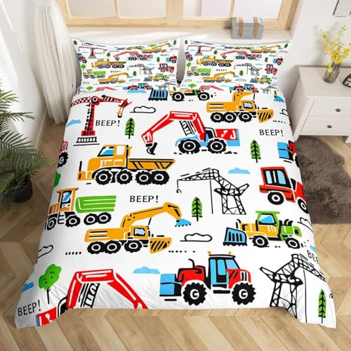 RZPFQB Baufahrzeuge Kinder Bettwäsche 155x220 Bettwäsche Set für Teens Jungen Mädchen Kinderbettwäsche Cartoon-Ausrüstung Bettbezug Set Bagger Baustelle Microfaser Bettwäscheset