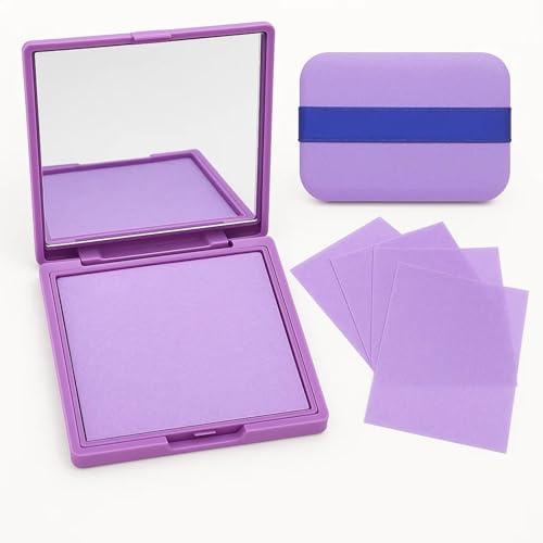 Lavender Compact Case with Mirror for Oil Control & Makeup Touch-Ups - 100 Super Absorbent Blotting Papers for Oily or Combination Skin, Portable Textured Plastic Face Powder Case
