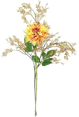 Kunstblumen Set Dahlie mit Dekozweig 62 cm hoch Künstliche Blume Arrangement täuschend echt Seidenblumen Herbstblumen Stielblumen Einzelblumen Deko für Vase Tisch Wohnzimmer Büro Herbstdeko