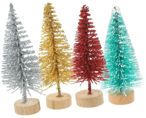 Alipis 48 Piezas Mini Árboles de Navidad Artificiales de Sisal con Base de Madera de Colores Verde Dorado Plateado y Rojo con Purpurina Decoración de Mesa y Escritorio para Hogar y