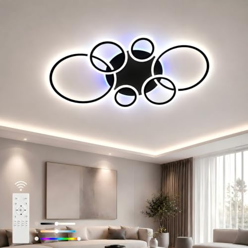 ZAITINZ LED Deckenleuchte 70W,6-Ringe Deckenlampe Schwarz mit Fernbedienung | moderne Groß Deckenlampe mit 3-farbiges Hintergrundlicht,dimmbar mit Memory Funktion,für Wohnzimmer Schlafzimmer Küche Flur
