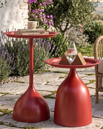 Ginhow Set di 2 Tavolini Rotondi in Metallo, Piccolo Tavolino Camera da Letto per la Decorazione di Interni, Tavolino da Caffè in Metallo Rosso (Diametro 40 x 60 cm e 40 x 42 cm)