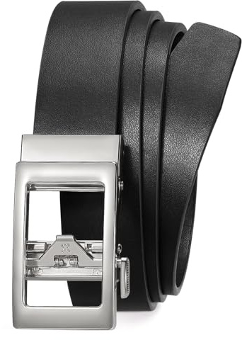 LEACOOLKEY Cintura Automatica a Cricchetto per Donna, Cintura Regolabile Senza Fori con Fibbia Scorrevole Oro Larghezza 3cm,Nero(Fibbia Argentata),95cm(Misura vita 77cm-93cm)