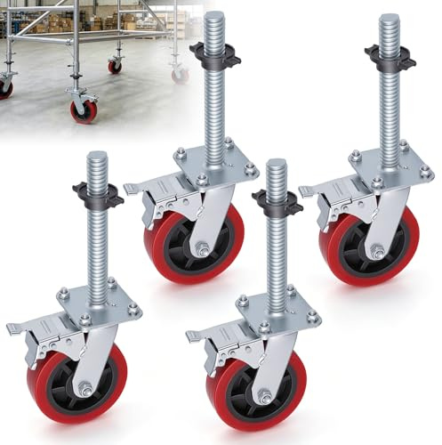 BAOSHISHAN Scaffolding Wheels 6 Scaffold Tower Casters Adjustable Leg | 30mm Threaded Shaft, 2000kg Load – 360° Rubber Caster with Brake – For Scaffolding Towers
