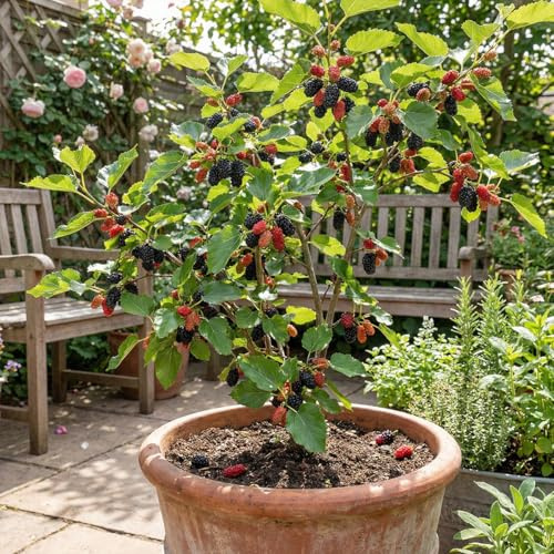 Bloomique - Morus Rotundiloba Mojo Berry - Gelso nano - Piante da giardino - Resistenti - Altezza 50-70 cm - Vaso 19 cm