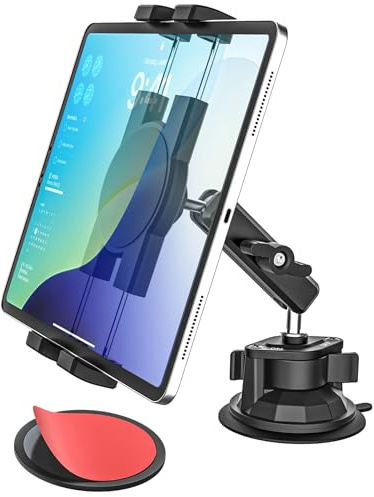 Oilcan Tablethållare i bil med aluminiumarm och stor sugkopp, bilhållare vindruta fönster instrumentbräda för skåpbil, kompatibel med iPad Pro Air Mini/Galaxy Tab/Fire/mobiltelefon, 4–13 tum