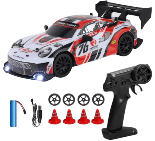 RIZAMZ RC Drift Car 4WD Remote Control Racing Car with Replaceable Drift Tyres, Neon Lights, Rechargeable, with 4 Cones, Gift for Boys and Girls (White Porsche)