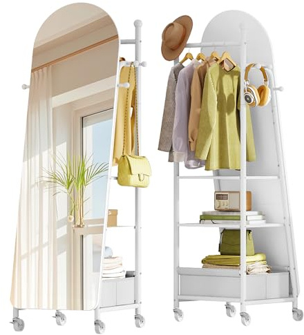 Hzuaneri Ganzkörperspiegel mit Drehbare Rollen, 165 x 50 cm, Weiß | Standspiegel mit Kleiderständer, Bogen Ganzkörperspiegel mit Aufbewahrungsbox und Haken, Schlafzimmer Wohnzimmer, DM42203W