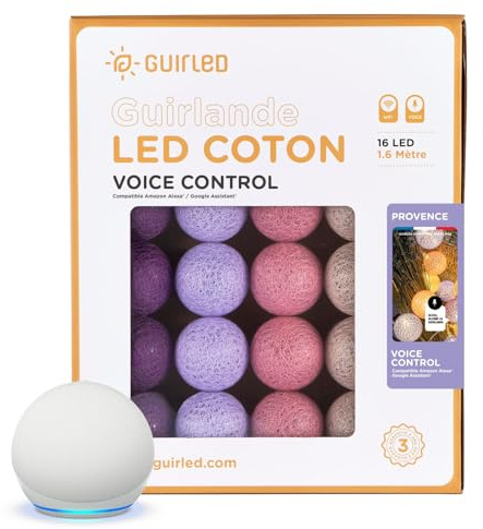 GuirLED - LED Baumwollkugeln Lichterkette WIFI USB - Sprachsteuerung - Connected Home - Amazon Alexa & Google Assistant - 2xUSB-Netzadapter enthalten - 16 Kugeln 1,6m - Herknunft