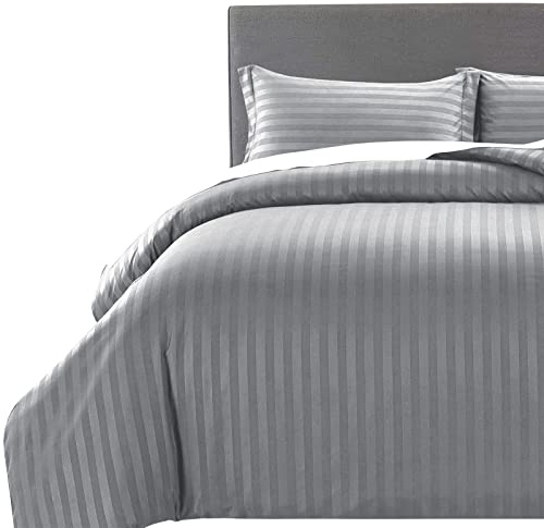 MOONLIGHT20015 Double Duvet Set Reversible Stripes Satin Double Bedding Set with 2 Pillowcases Soft Hypoallergenic Duvet Cover (Grey 200x200 CM)