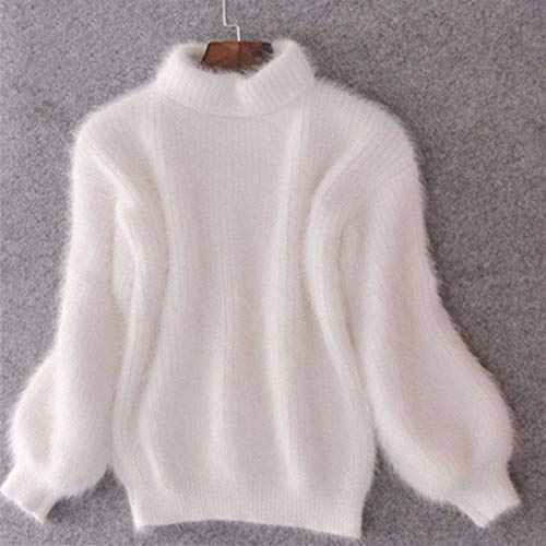 WDDYYBF Pulls Femme,White Mohair Thicken Turtleneck Sweater Autumn Winter Sweet Fashion Lantern Sleeve Casual Solid Color Knit Pullover Casual Long Sleeve Tunic Top,Blanc