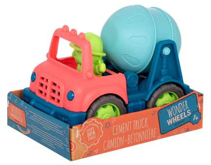 Battat Wonder Wheels Cement Truck, Betonmischer mit Mischtrommel | Kleiner Spielzeug-Lkw mit kippbarer Mischtrommel und herausnehmbarer Fahrerfigur für fantasievolles Spielen, 1+ Jahre