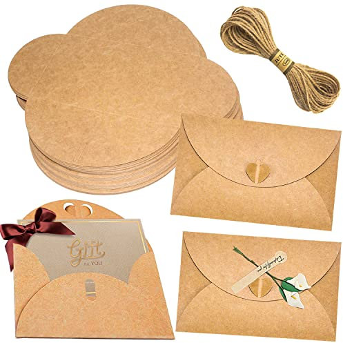 kraftpapier Umschläge 50Stk Großbrief Briefumschläge mit Jute Schnur Vintage Umschlag für CD DVD Hochzeit Grußkarten Geburtstagskarten Weihnachten Valentinstag(17.5 x 11cm)