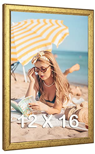 MOUDAMION 12x16 Wood Picture Frame Gold, Ornate Natural 16x12in Frame, Modern Golden 12 x 16 inch Gallery Wall Photo Poster Frame with HD Plexiglass, Horizontal Vertical Wall Mounting Display 1pcs