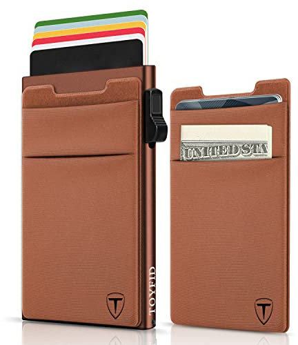TOYFID Brauner Kartenhalter mit Kompartiment Metall Geldbörse für 6 Karten Bargeld Schmales Kartenetui,Extra Selbstklebendes Münzfach fürs Telefon,RFID-Blockierung