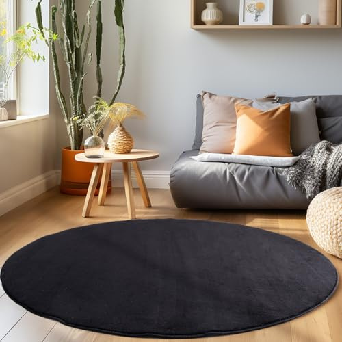 HomebyHome Waschbarer Teppich Rund 200 cm Schwarz Einfarbig Kurzflor Modern Weich rutschfest Pflegeleicht Maschinenwaschbar für Wohnzimmer Schlafzimmer Esszimmer