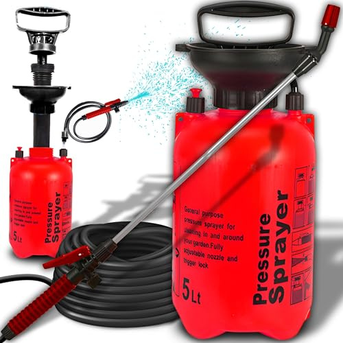 Retoo Drucksprüher 5 L Gartenspritze mit Verstellbarer Düse & 1,2 m Schlauch – Hochdruck Sprühgerät für Essigsäure, Dünger, Pflanzenschutz & Gartenpflege mit Kompressoranschluss & Tragegurt