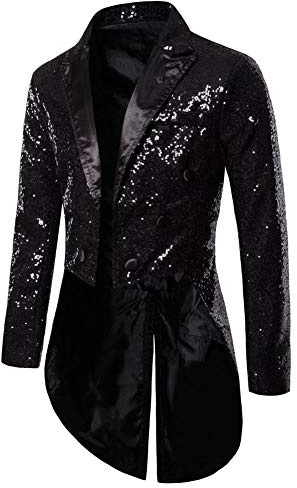 Alaurbeauty Giacca da uomo con paillettes, smoking, frac, slim fit, frac, abito, cappotto, coda di rondine, cena, festa, matrimonio, blazer, abito da cerimonia, Nero , M