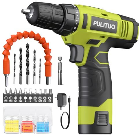 PULITUO 12V Cordless Drill - Powerful Drill Bit Set with Li-Ion Battery, 21+1 Torque Setting, 3/8” Keyless Chuck, Variable Speed Switch, LED Light