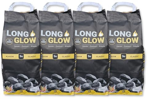 Energie Kienbacher 12kg (4x3kg) Long Glow Premium Grillbriketts - Kohle Manufaktur Brikett Holz Kohle Grill - Lange Brenn-& Glutdauer 4h - 100% Made in Germany