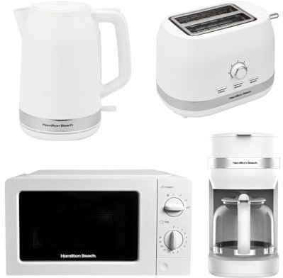 Hamilton Beach Kitchen Set, Kettle and Toaster Set, Ella, 1.7L Electric Kettle, 2 Slice Toaster, Microwave, 20L Standard Microwave, Filter Coffee Machine, 1.5L, White - ELLACWB