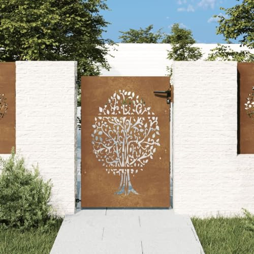 Gecheer Puerta de jardín Acero,Puerta para Valla,Puerta Exterior de Jardín,Cancela Barrera Valla Verja,Patio Entrada Exterior,Robusta y Duradera Acero corten Oxidado diseño árbol 85x125 cm