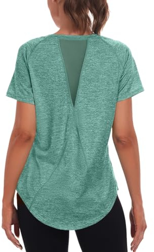 Jlowesun Yoga Top Damen Kurzarm,Leichtes Atmungsaktiv Funktions Back Mesh Sport Oberteile Damen,Rundhals Sport Shirt Damen Passend für Fitness Laufshirt Yoga L